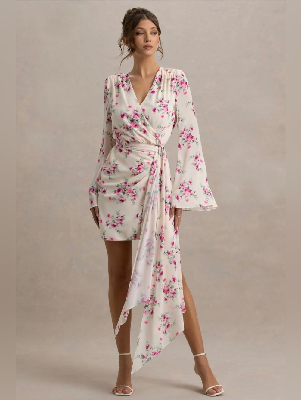 Club L London Goldie Floral Print Chiffon Long Sleeve Wrap Mini Dress Size 4 NEW